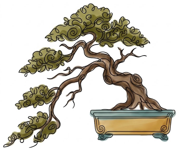 Ilustração em aquarela de um bonsai em vaso